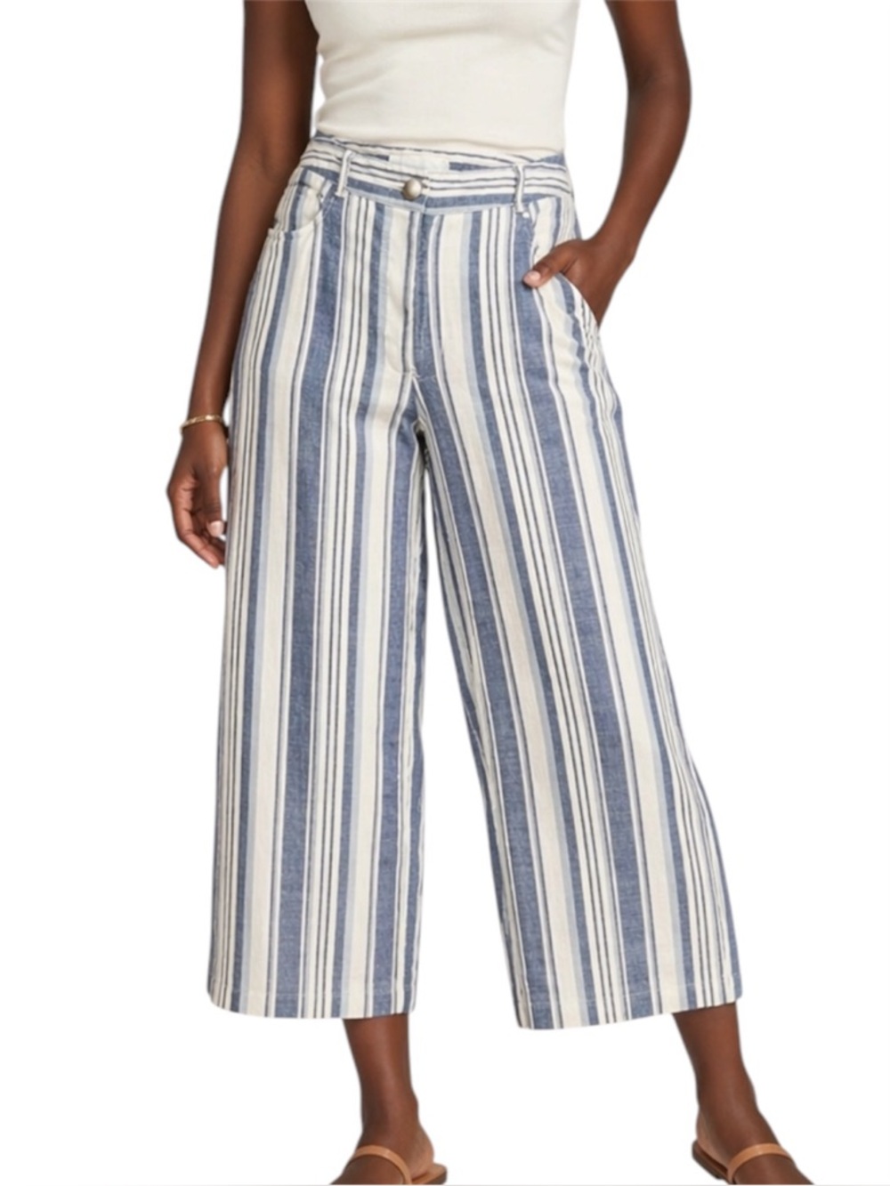 ZIMMERMANN Helm Blue White Stripe Linen Cropped Wide Leg Pant US 4 Small